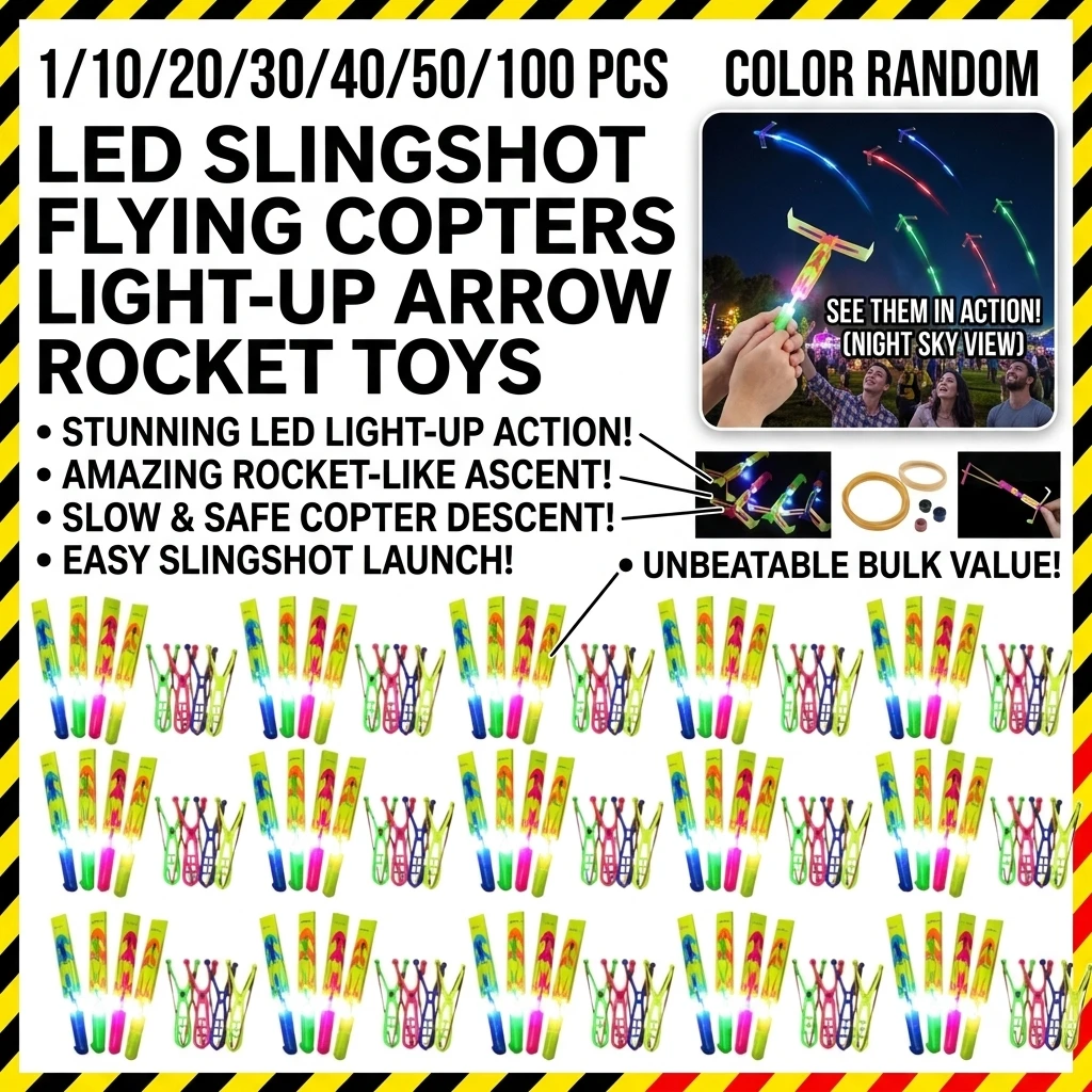 1/10/20/30/40/50/100PCSOutdoor Flash Rocket Toy LED Lights Glowing Slingshot Rocket Helicopter Flying Toy Party Fun Gift Rubber