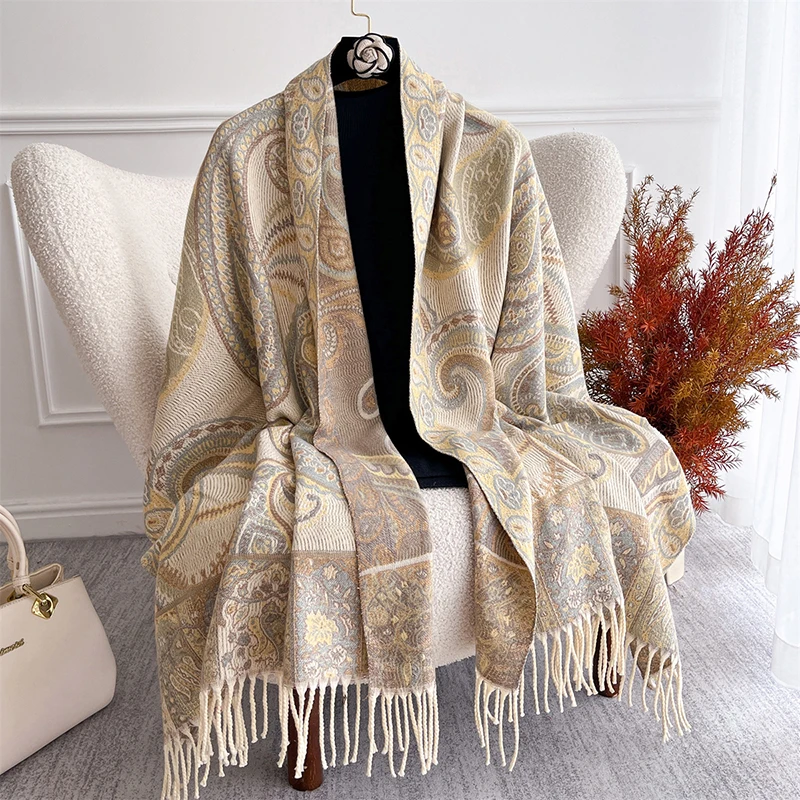 

Autumn Beige Winter Scarf for Women Jacquard Pashmina Blanket Warm Thick Shawls and Wraps Cashmere Stoles for Lady Bufanda