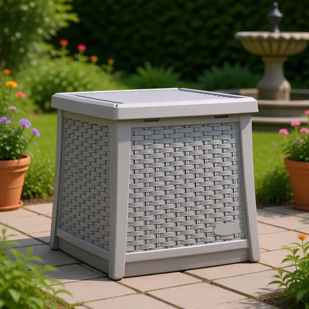 

Gray 13-Gallon Resin Outdoor Storage Table with Hinged Lid, Suitable for Patio and Pool Accessories