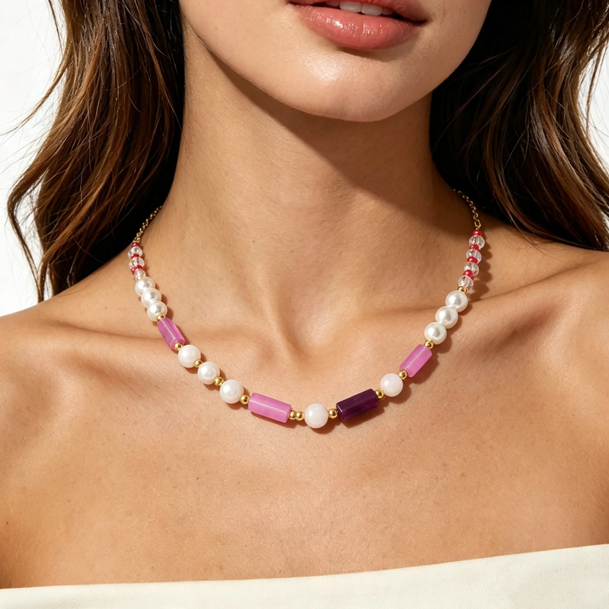 1Pcs Boho Colorful Beaded Necklace For Women Imitation Pearl Pink Purple Column Stone Bead Clavicle Chain Handmade Party Jewelry