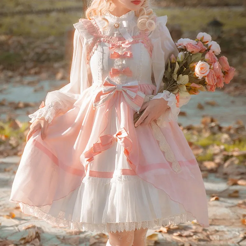 2 pièces Lolita OP robe lanterne manches chemise rose nœud volants bord robe printemps automne jolie robe L-4XL