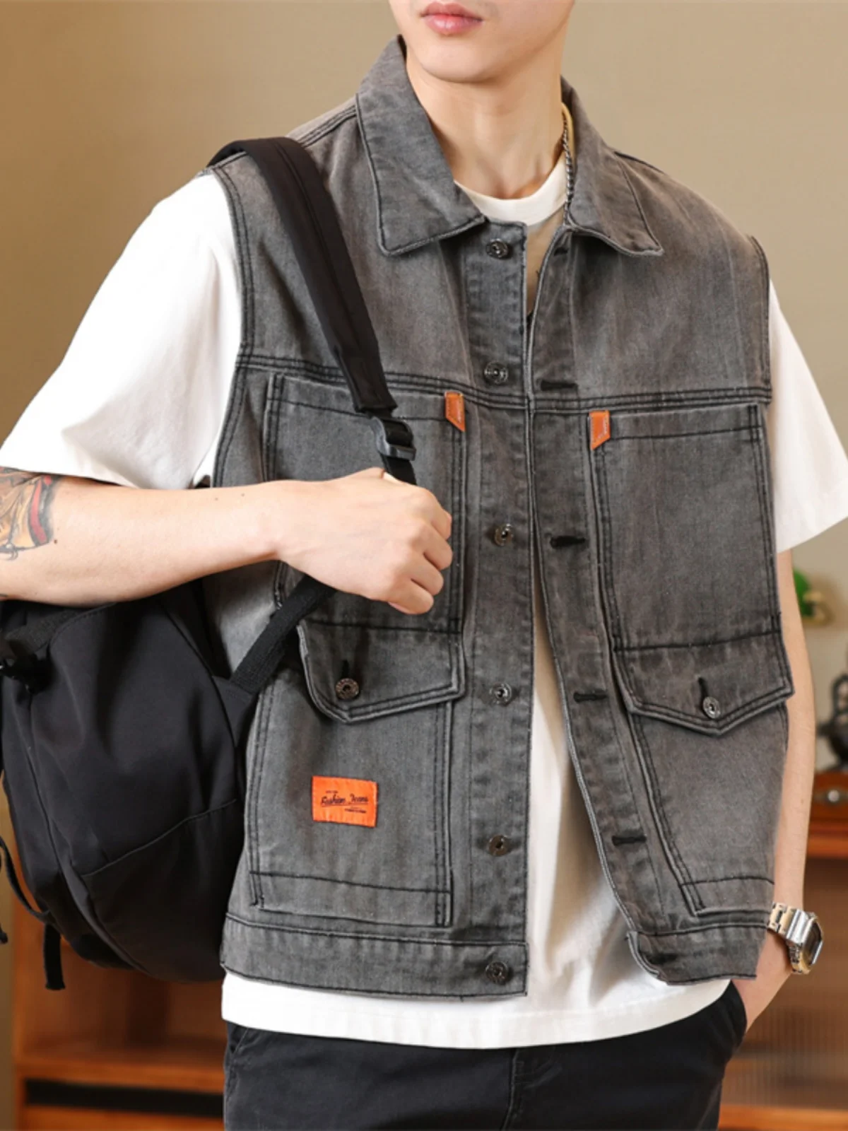 Men's Denim Vest Spring Autumn New Style Jacket Sleeveless Multi-Pocket Fashion Brand Workwear Vest Versatile No-Button Design