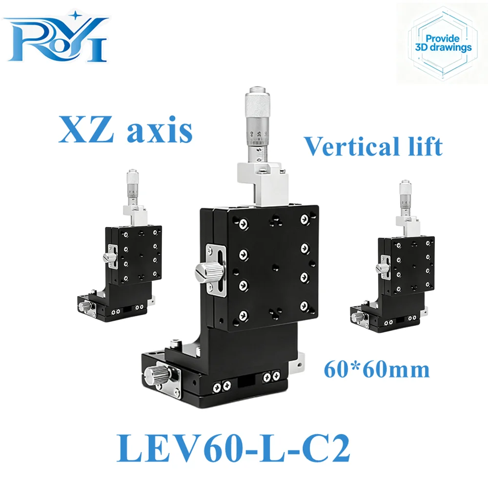 LEV60-L-C2 XZ 60x60mm Vertical Lift Manual Fine Tuning Platform Cross Roller Linear Guide Displacement Sliding Stage for Optical