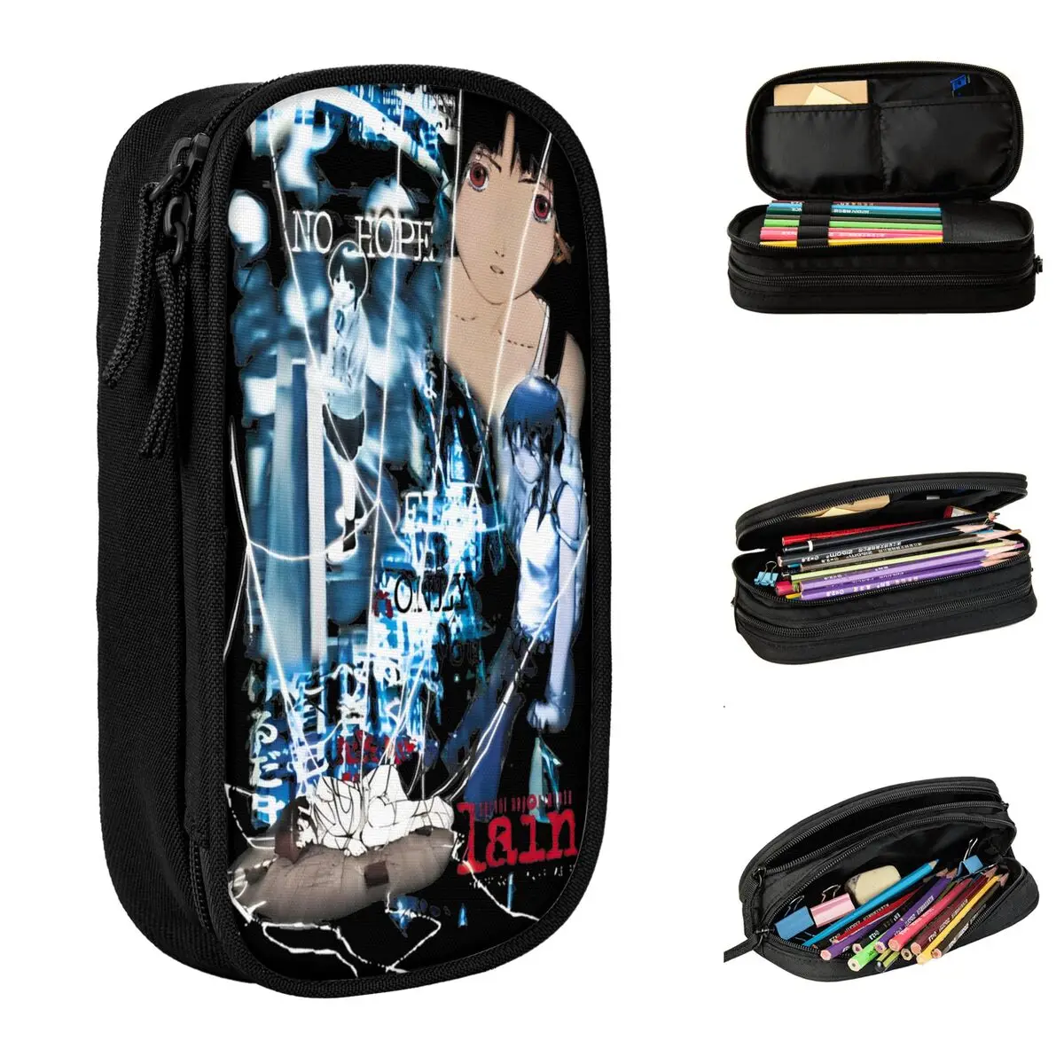 Serial Experiments Lain Virtual Pencil Cases Anime Lwakura Sci Fi Manga Pen Box Bags Girl Boy Large Storage Cosmetic Pencil Box