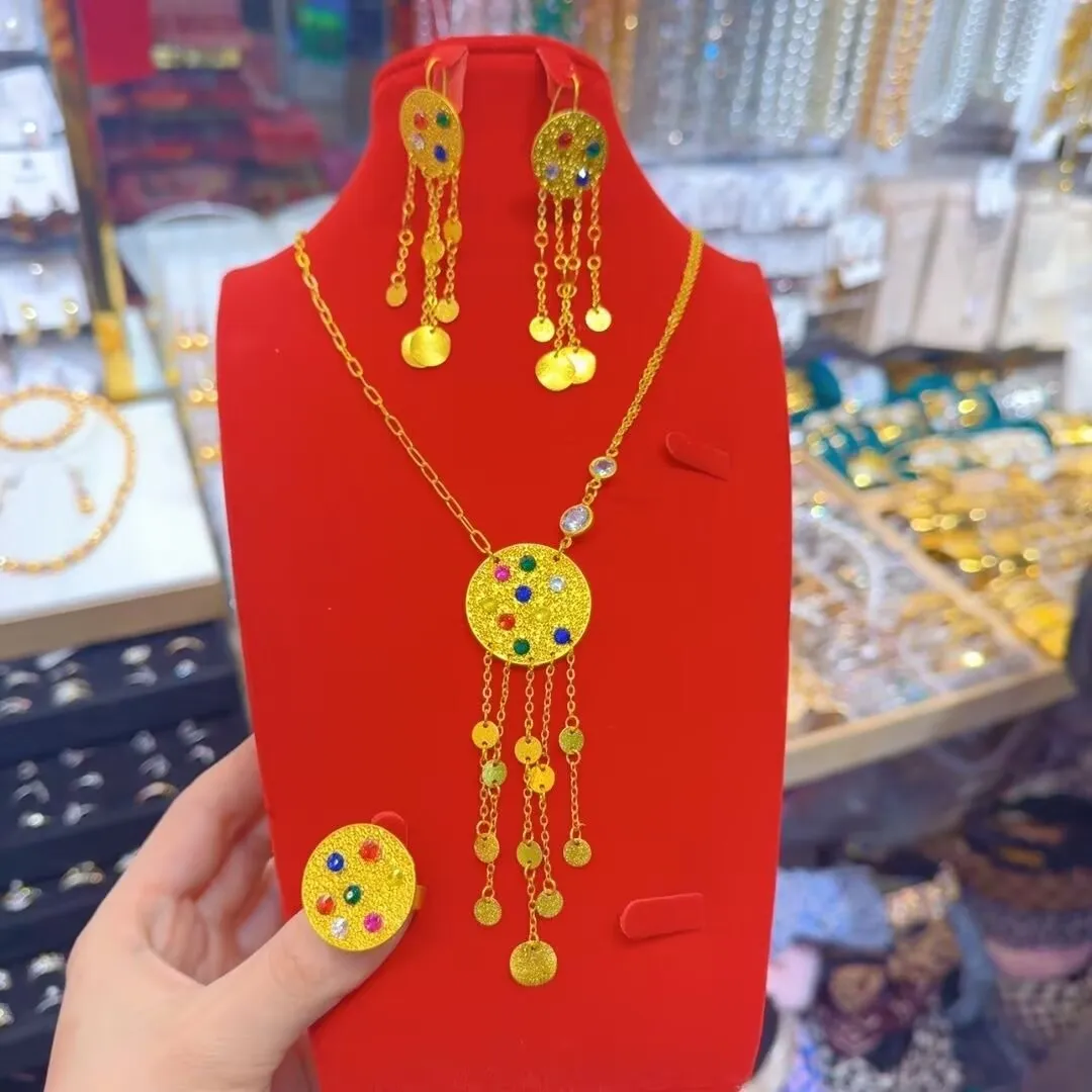 

Dubai European New 24K Gold Plated Necklace, Earrings, Rings, Romantic Wedding Party Gift Jewelry Set for Lovers YY10577
