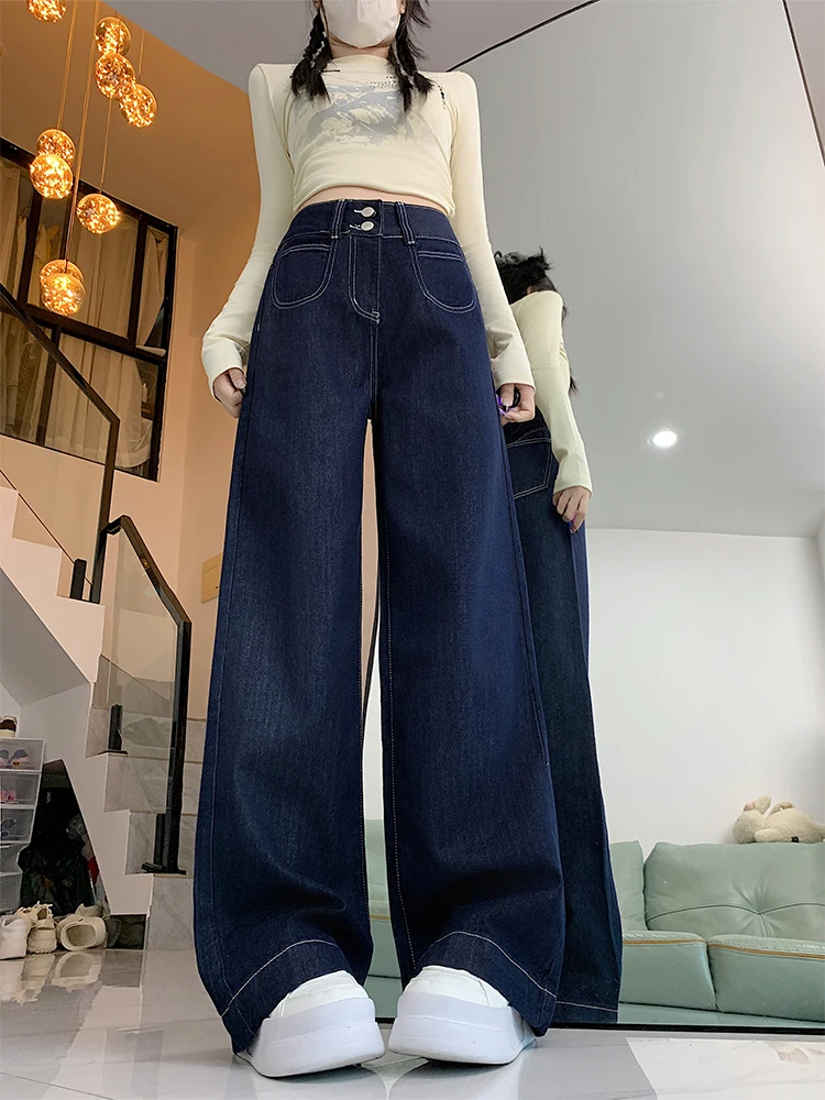 Jean en Denim à jambes larges pour femmes, bleu profond, grande taille, ample, droit, Double bleu, taille haute, pantalon amincissant, longueur au sol