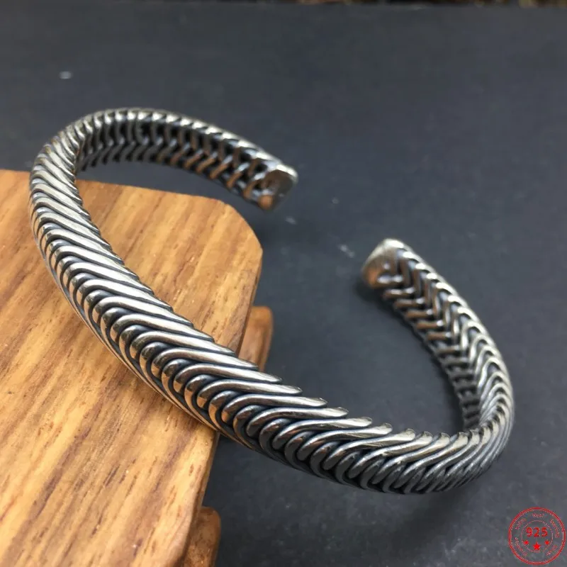 Genuine S925 Sterling Silver Bracelets for Men New Fashion Ethnic Style Weaven Snake Pattern Bangle Punk Jewelry Wholesale