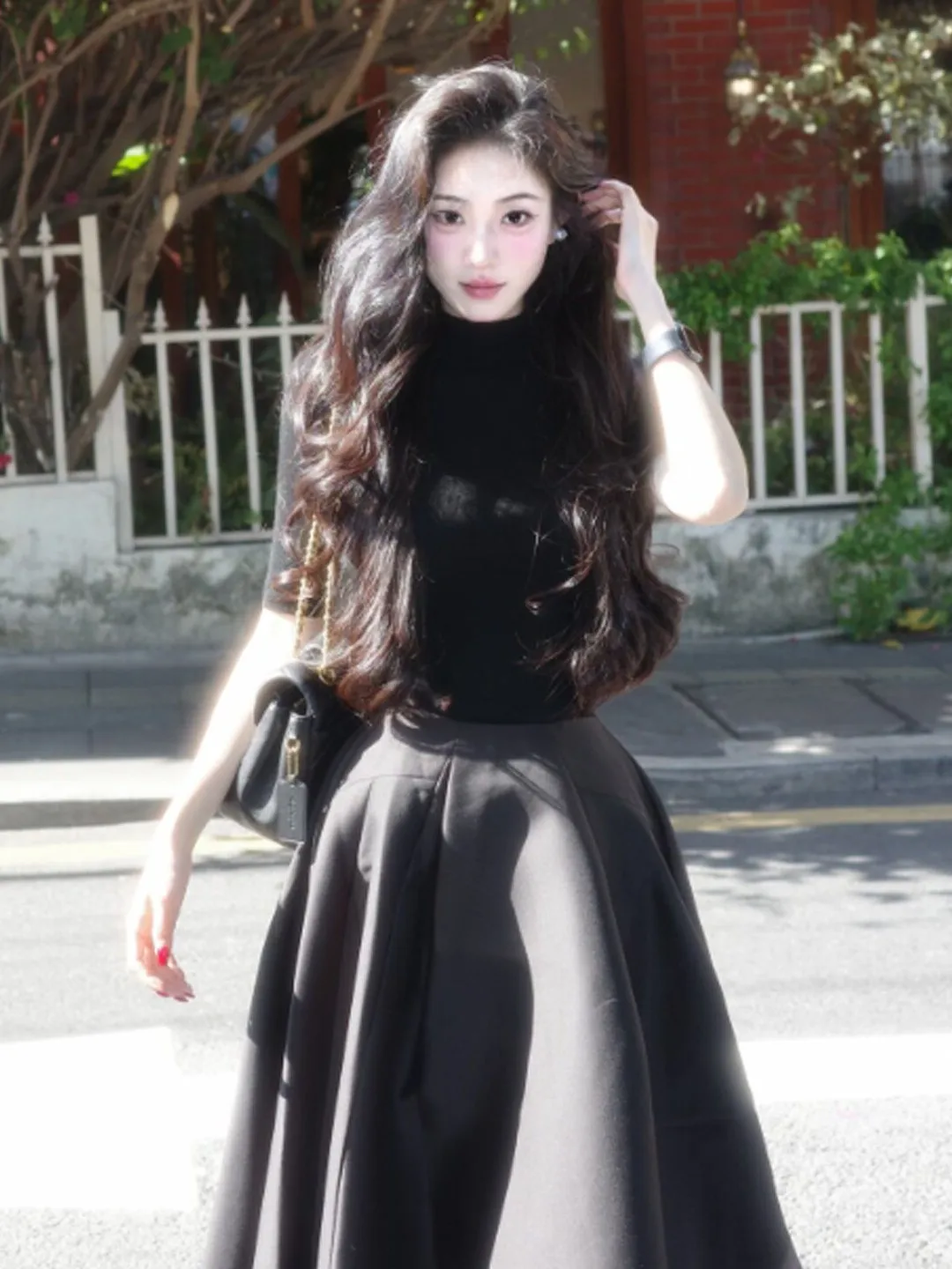 

Korean Style Summer Outfit Puffy Skirt And Top Set Comfortable Breathable High Waist Long Sleeve round Neck T-Shirt And Skirt