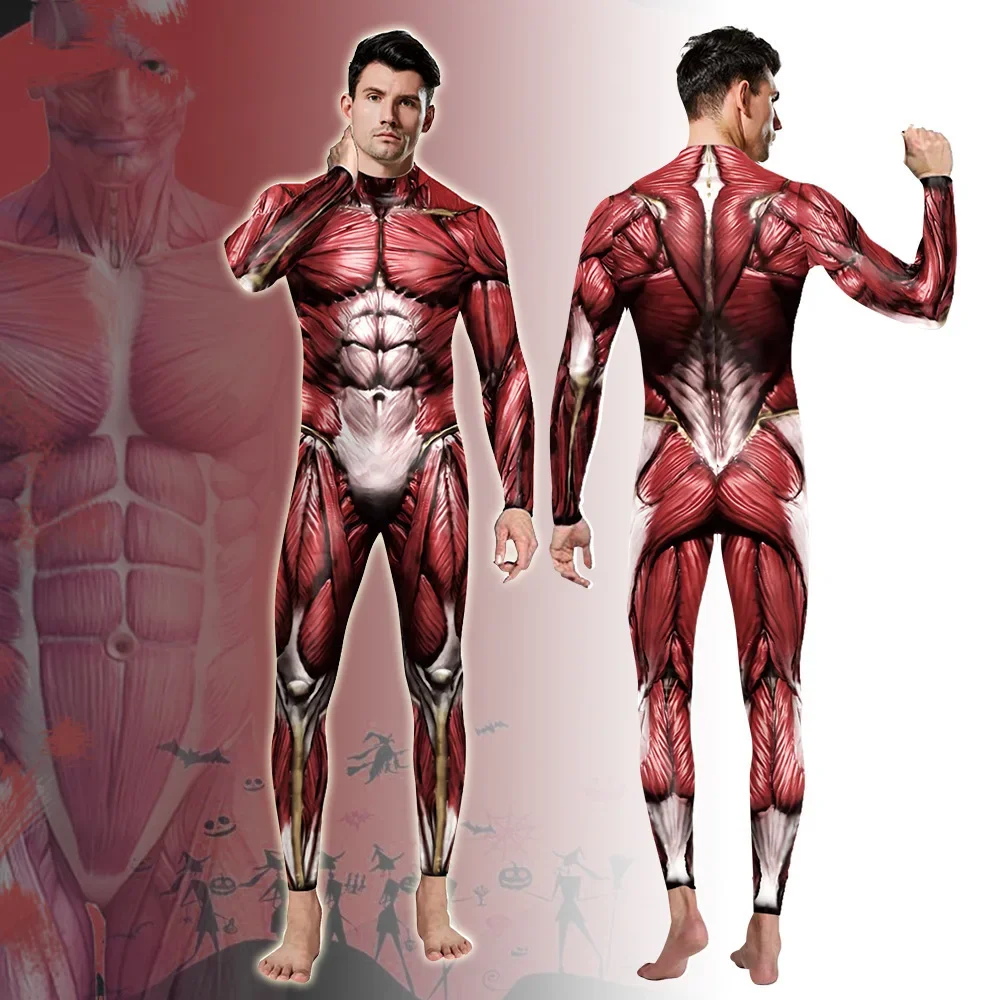 New Hot Muscle Print Cosplay Costume Men Funny Suit Halloween Carnival Party Clothes Sexy Fitness Catsuit