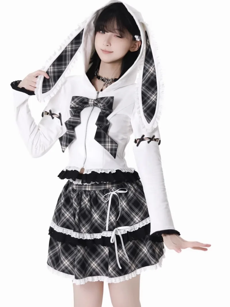 Rabbit Ear Hooded Removable Sleeves Black White Plaid Cake Skirt Summer New Zipper Long Sleeved Short Sweatshirt Kawaii Skirts