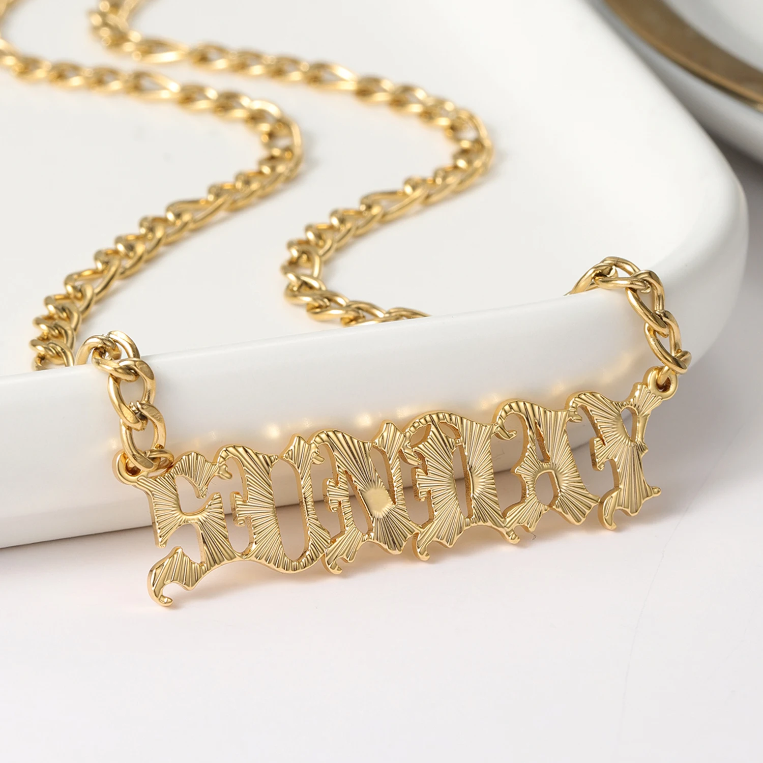 

Qitian Custom Name Necklace With Texture Personalized Name Necklace,Custom 18k gold Plating Stainless Steel Name Pendant Women