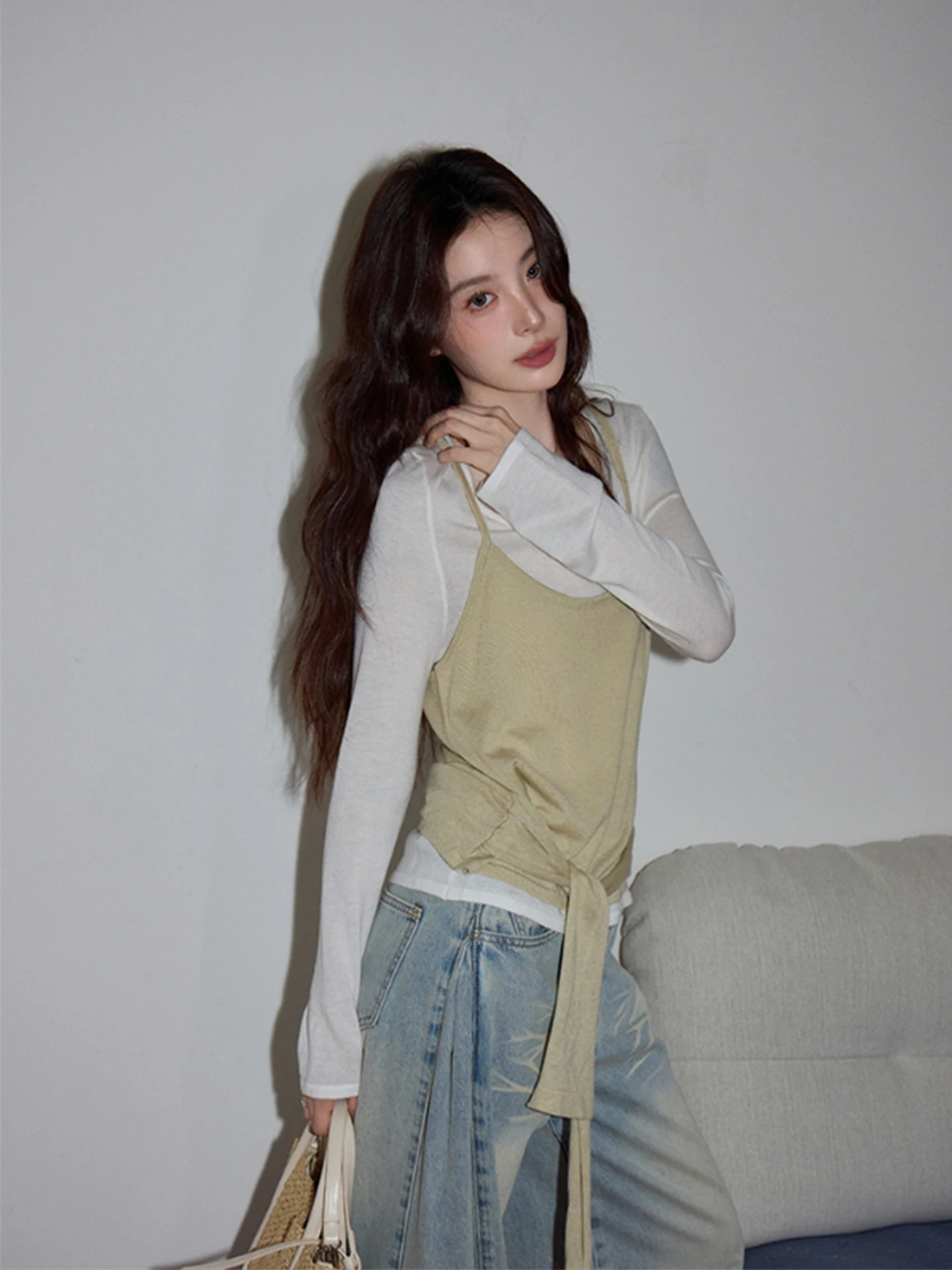 

Korean Sle Long Sve Knitted Sweater Women's Loose Layering Top And Vest Two-Piece Set Commute Friendly Faion