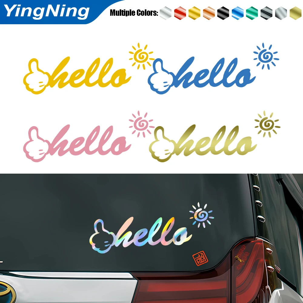 

Reflective Hello Car Sticker 3D Laser Decal Funny Smiling Face Sun Graphics Waterproof Auto Body Window Decoration Accessories