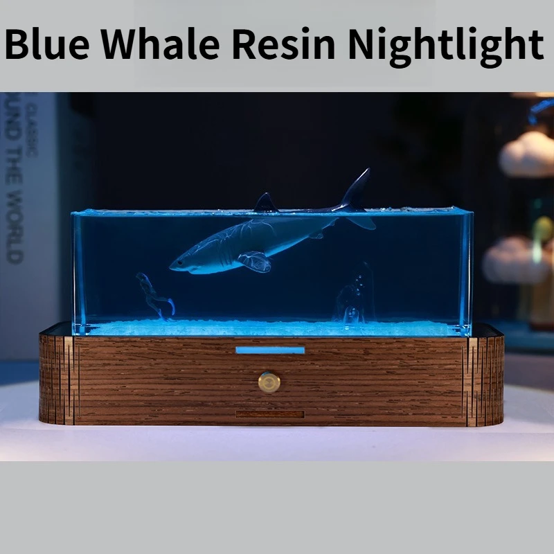 

Creative Luminous Resin Ornament Wooden Home Decoration with Carved Underwater Blue Whale Small Night Light Ornament