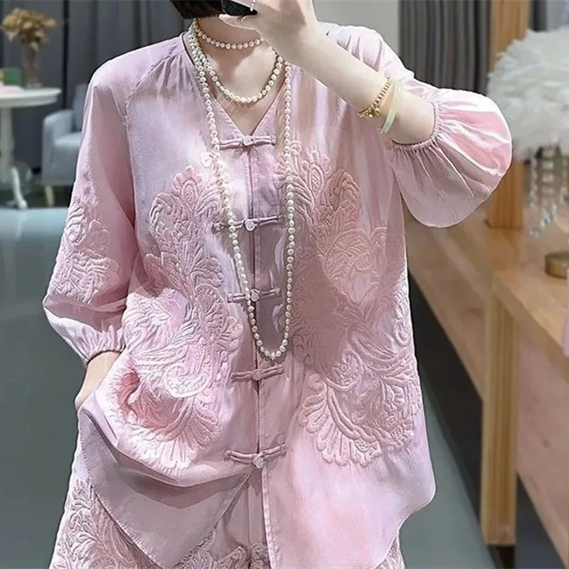 Korean Women Embroidery Loose Two Piece Suit Summer Ladies V Neck Shorts Outfit Spring Femme Solid Color Improved Hanfu Top 2PCS