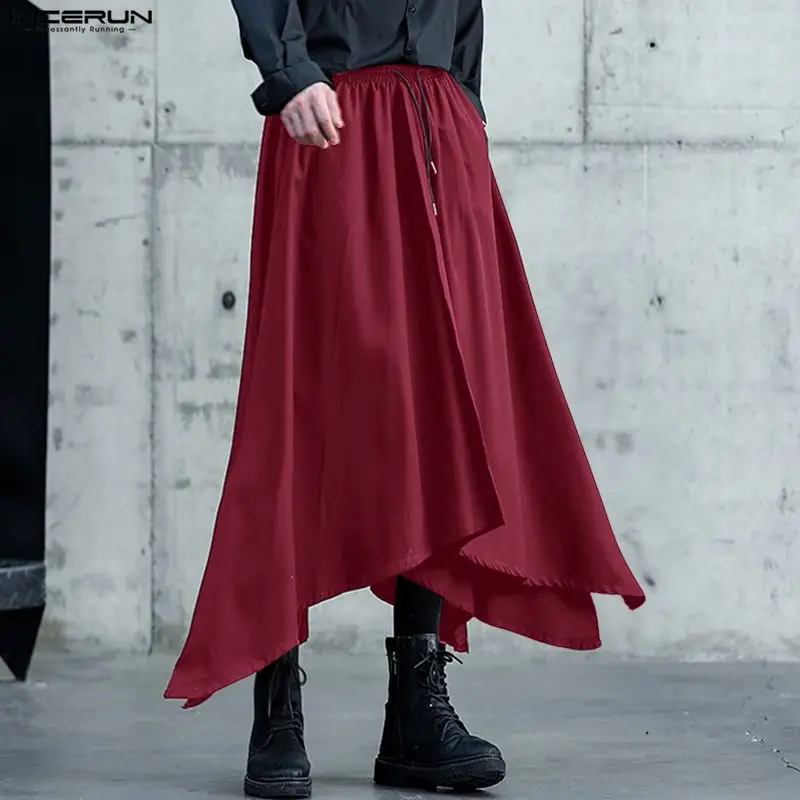 

INCERUN мужские брюки нестандартной формы, однотонные свободные повседневные широкие брюки на шнурке, мужская уличная одежда, модные мужские юбки 2025, брюки