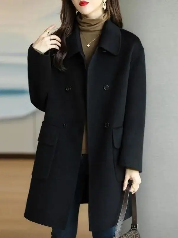 Stylish Mid-Length Woolen Coat Autumn Winter plus Size Fashionable Label Removed High Waist Korean Style Long Sleeve Jacket