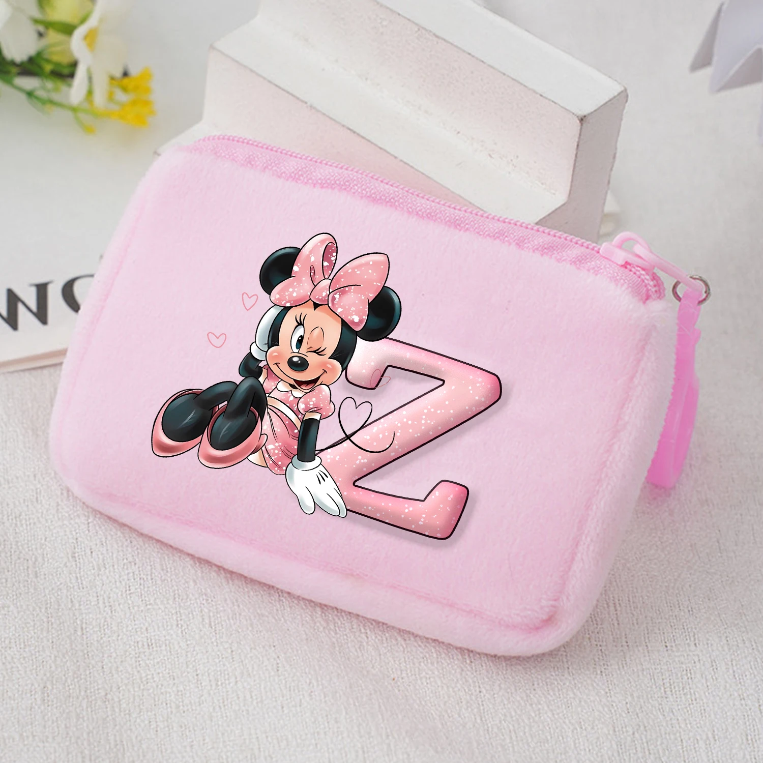 

Disney Minnie Mouse Plush Coin Purses A-Z Letter Storage Bag Pink Anime Mini Bag Cute Cartoon Printed Square Zipper Bag Kid Gift