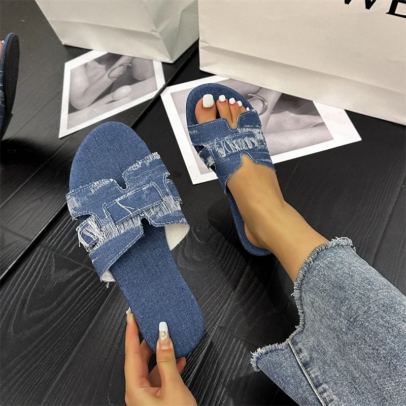 Nowe Denimowe Pantofle Damskie Buty Antypoślizgowe Wygodne Letnie Płaskie Pantofle Damskie Klapki Outdoor Beach Casual Shoes Duży Rozmiar 43