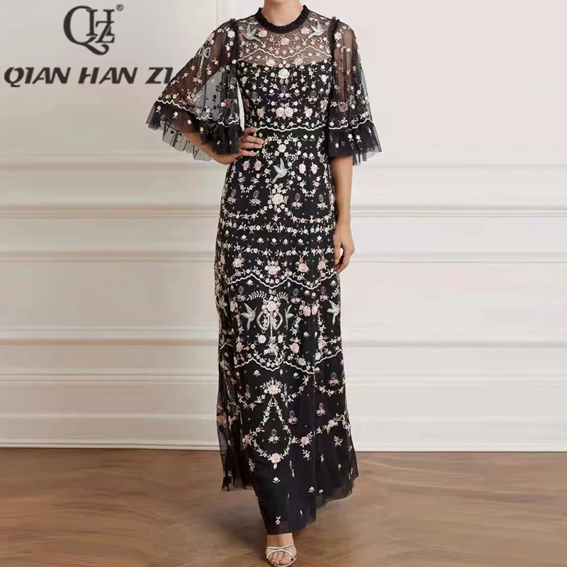 

QHZ Designer Fashion Runway Maxi Dress Women's Lotus Leaf Sleeves Summer Retro party Luxury embroidered long dress