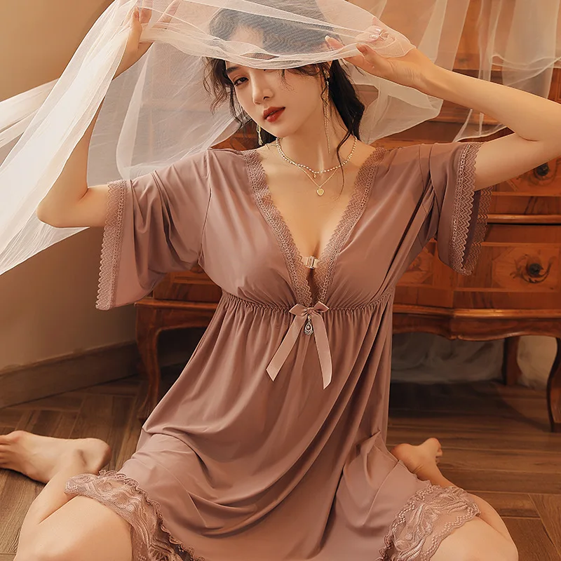 Fdfklak M-3XL Women’s Nightgowns Sexy Lace Deep V Neck Sleepshirt Mesh Short Sleeve Summer Nightdress Female Nightwear Dress