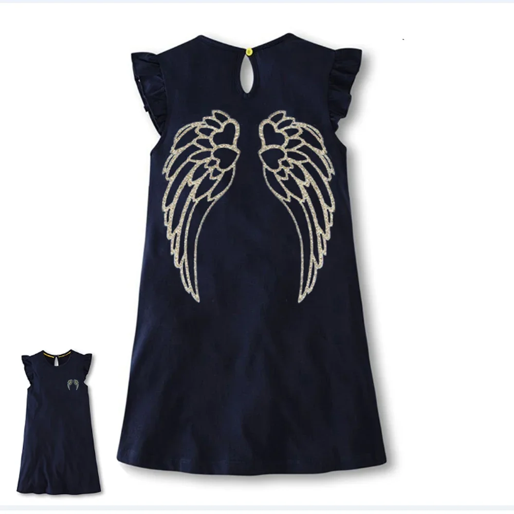 VIKITA Girls Glitter Sparkle Angel Wing Sequined Ruffle Sleeve Navy Blue Summer Dress Kids Cotton Casual Daily School Frocks