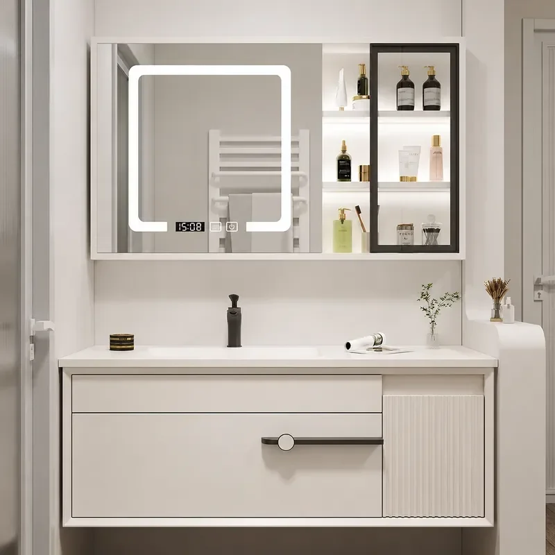 Modern Oak Bathroom Cabinet with Seamless Slate Ceramic Basin Simple Vanity Unit Washbasin Combination for Toilet