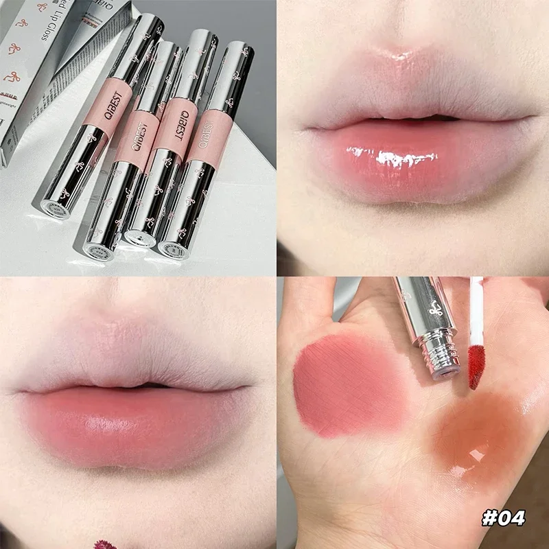 QIBEST esmalte de labios de doble punta duradero tinte rojo Sexy lápiz labial líquido espejo hidratante tinte de labios cosméticos coreanos ligeros