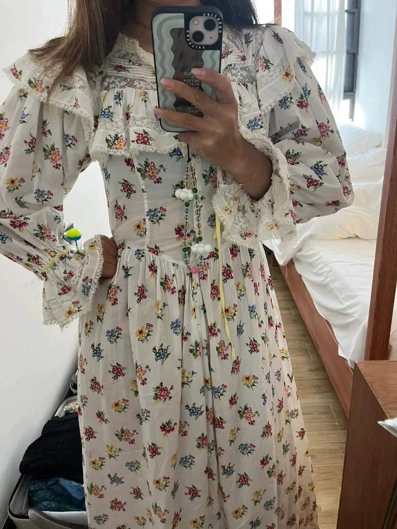 

100% Cotton Women Flower Print Maxi Dress Lace Embroidery Patchwork Round Neck Long Sleeve Single Breasted Elegant Female Robe