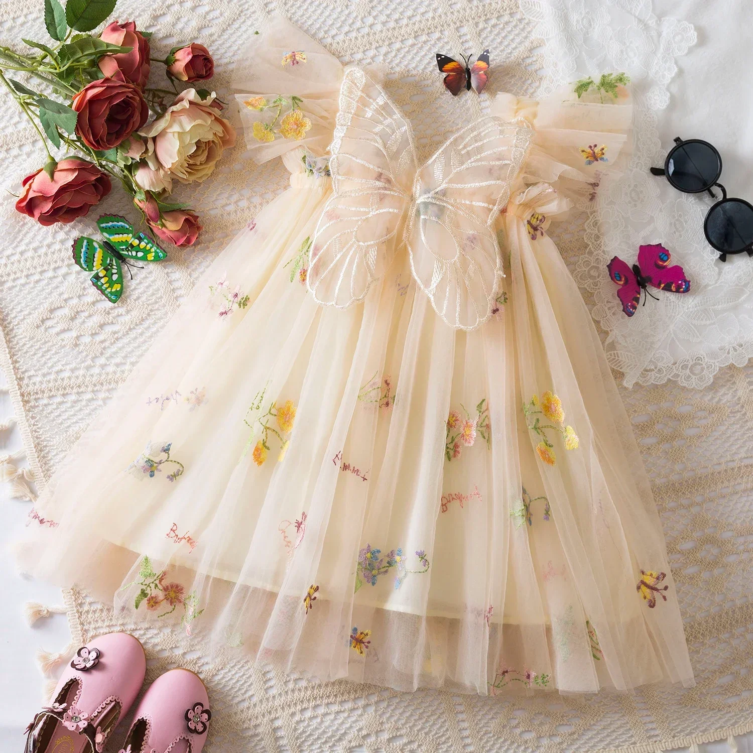 Toddler Baby Girls Party Dresses Back Butterfly Fairy Clothes Kids Lace Embroidery Mesh Tutu Infant Birthday Christmas Dresses