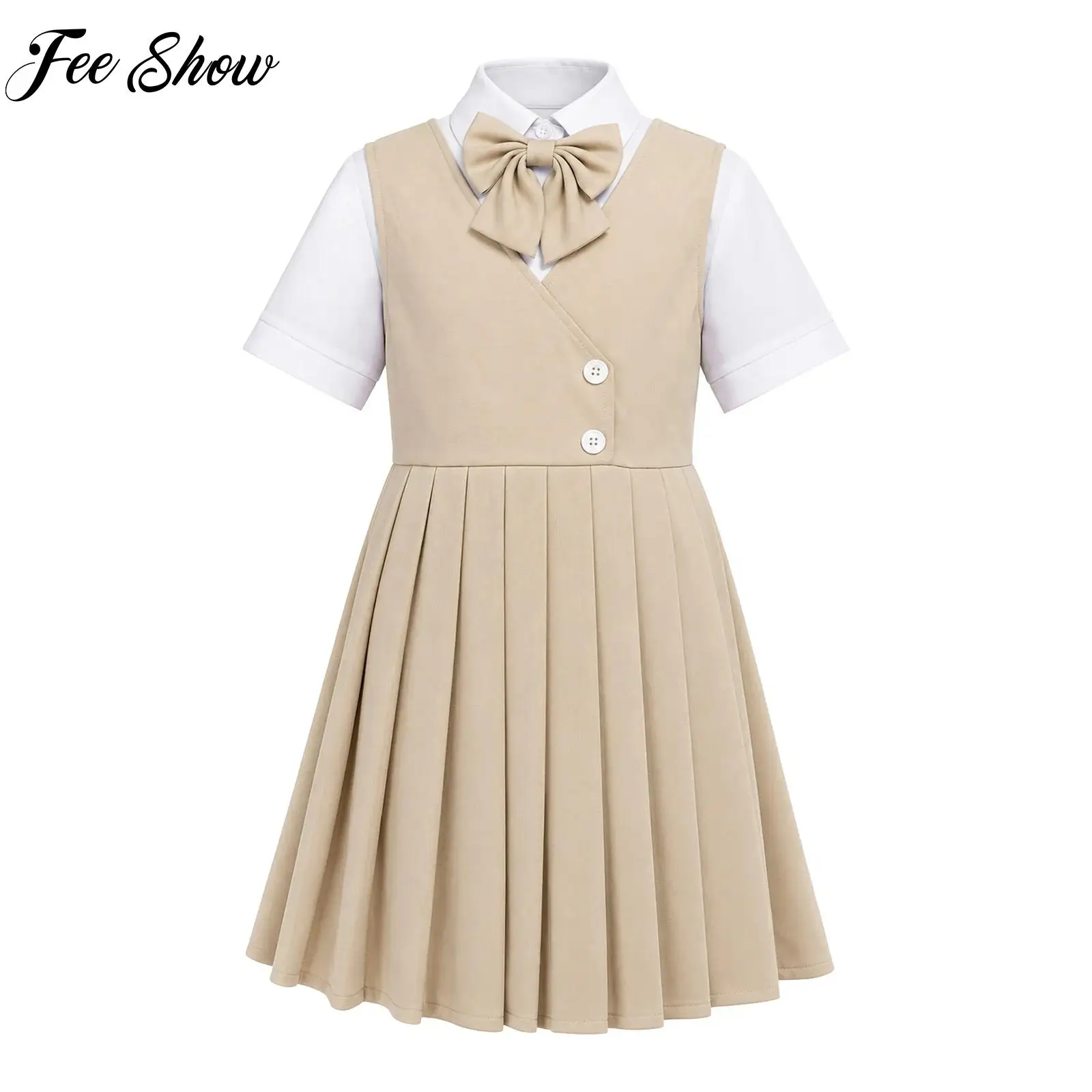 Kids Girls School Uniform Pleated Dress Set Short Sleeve Button Bowtie Shirt with Zipper Jumper Dress for Recitation Performance