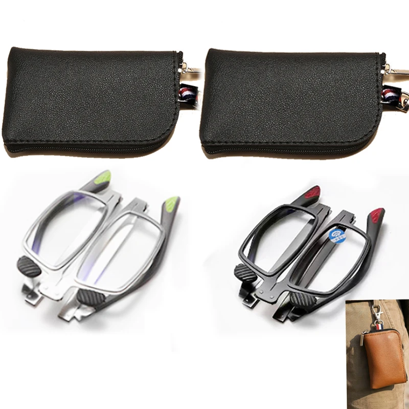 Ultradünner, vollmetallischer Rahmen, tragbare, faltbare Lesebrille für Männer und Frauen mit Taschen, Anti-Blaulicht-Vollrahmenbrille +100