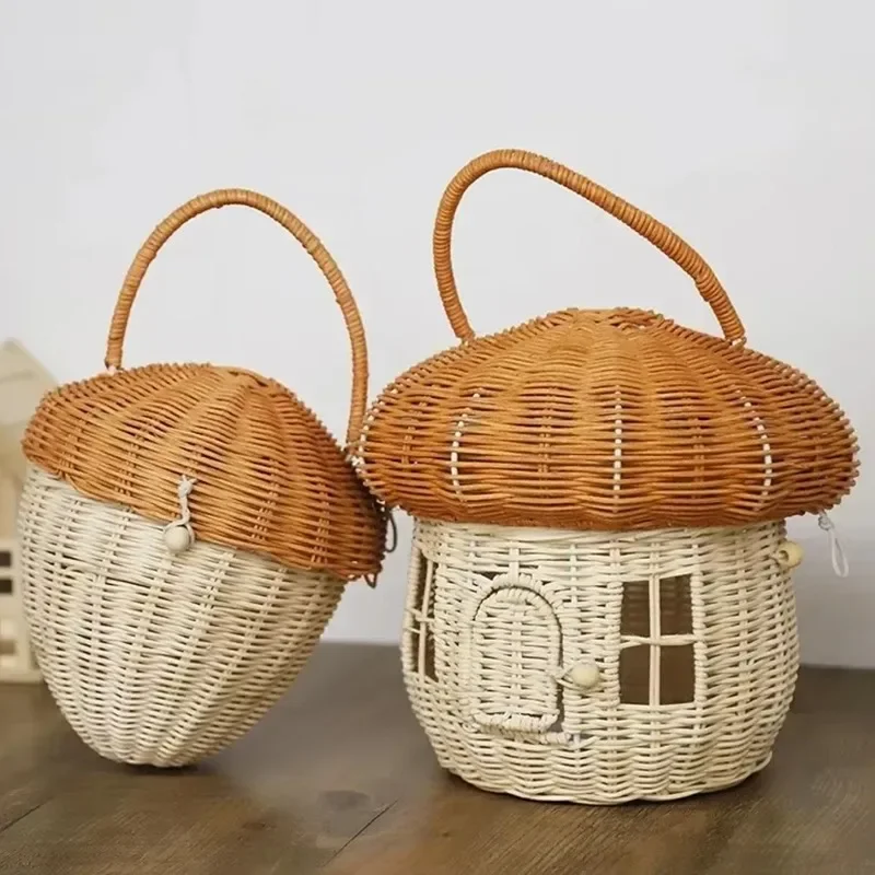 Rattan Woven Mushroom Basket Hand Woven Wicker Boxes Vacation Picnic Baskets Bohemian Portable Storage Boxes Sundries Organizer