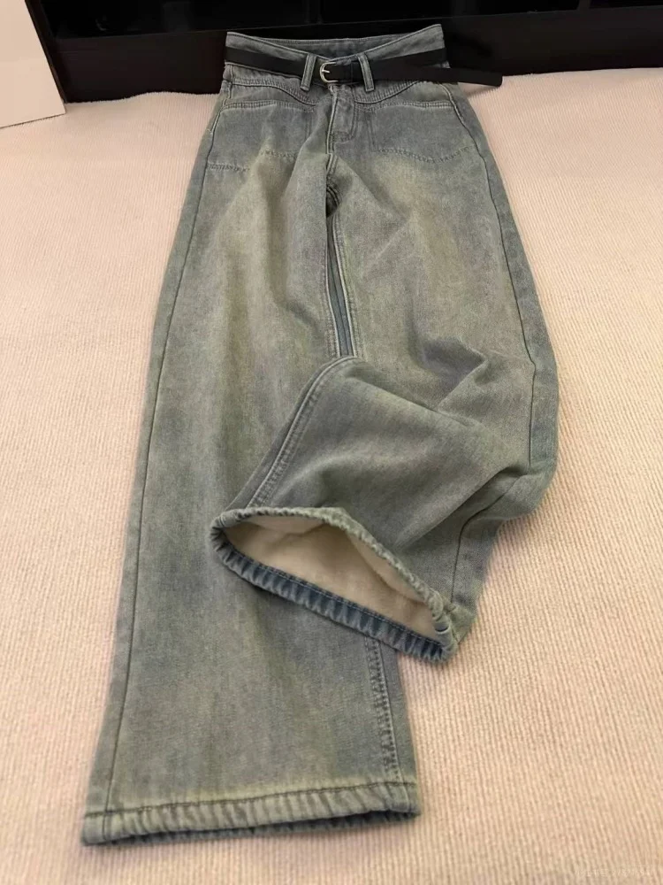 Pantaloni in denim Thi foderati Fce taglie forti Donna Pantaloni invernali larghi a vita alta slim dritti a gamba larga Abbigliamento casual vintage Sle