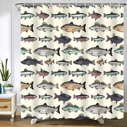 Carp Cartoon Lake Fish Shower Curtain Blue Vintage Fishes Shower Curtains Bathroom Home Decor Sets Polyester Fabric with Hooks