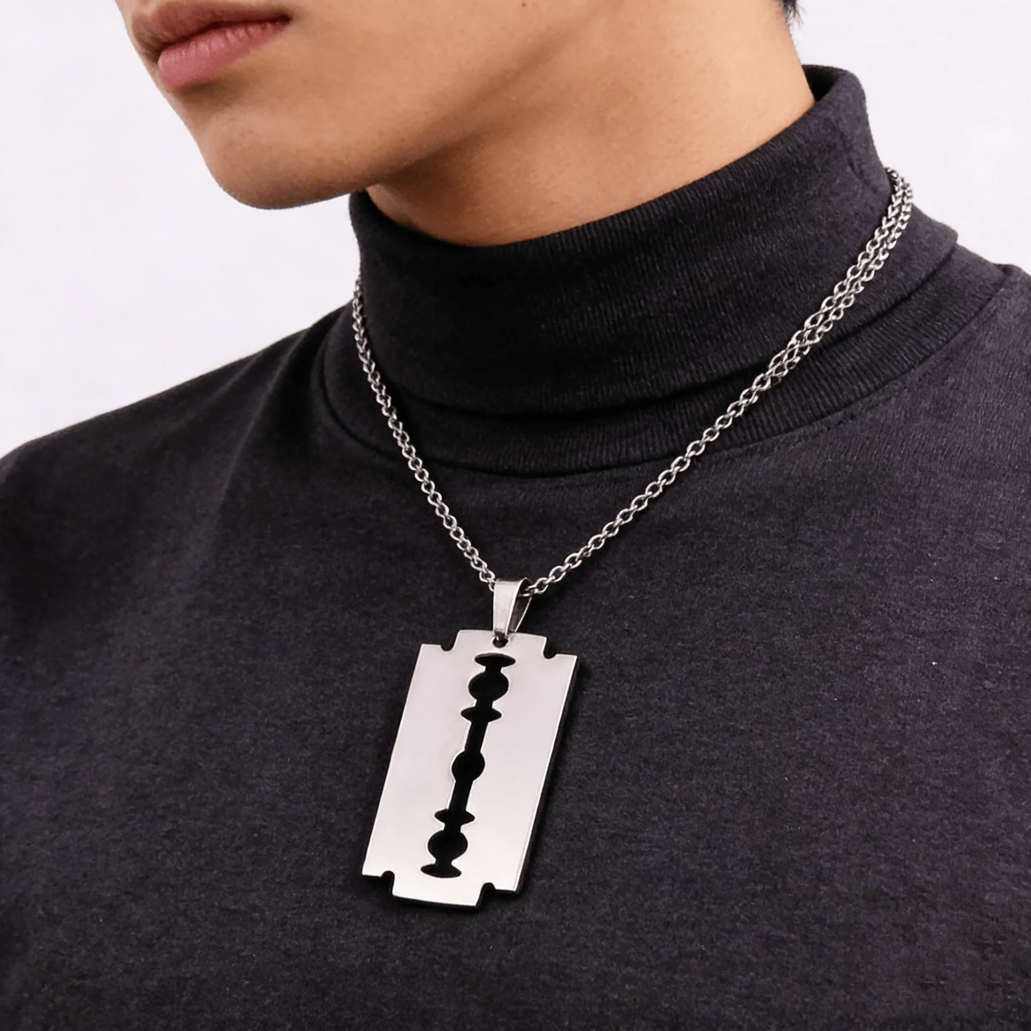 Hiphop Razor Blade Pendant Necklace Men Stainless Steel Male Knife Razorblade Shaver Shape Chain Jewelry  N443S01