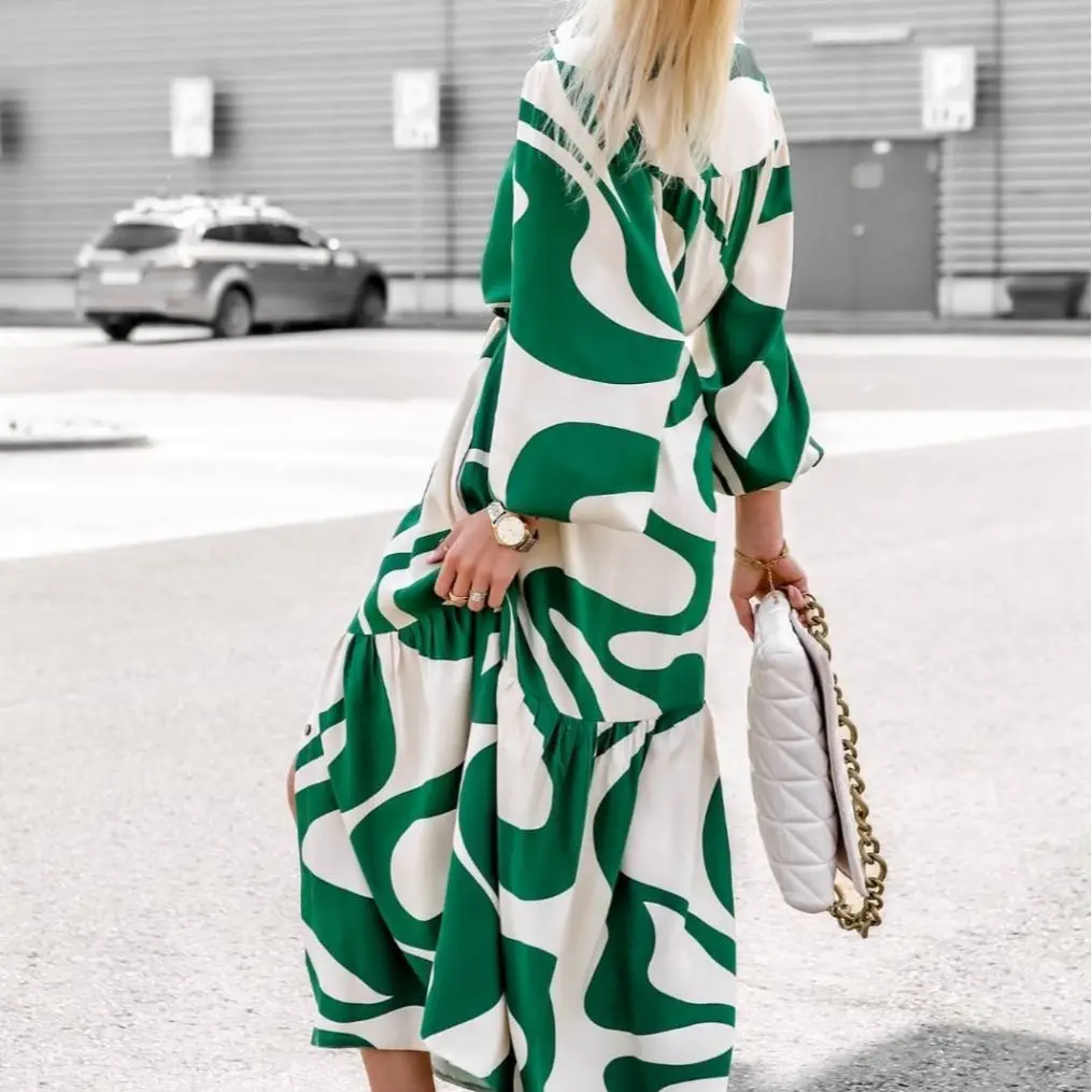 신상 여성 기하학 프린트 벨트 셔츠 드레스 긴팔 버튼다운 캐주얼 시크 & 스트릿 스타일에 이상적