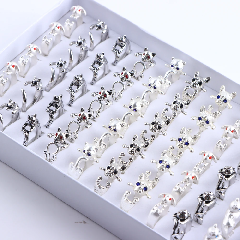 10Pcs/Lot Vintage Cute Animal Cat Opening Women Ring Fashion Simple  Blue Rhinestone Eyes Dog Adjustable Jewelry Accessories