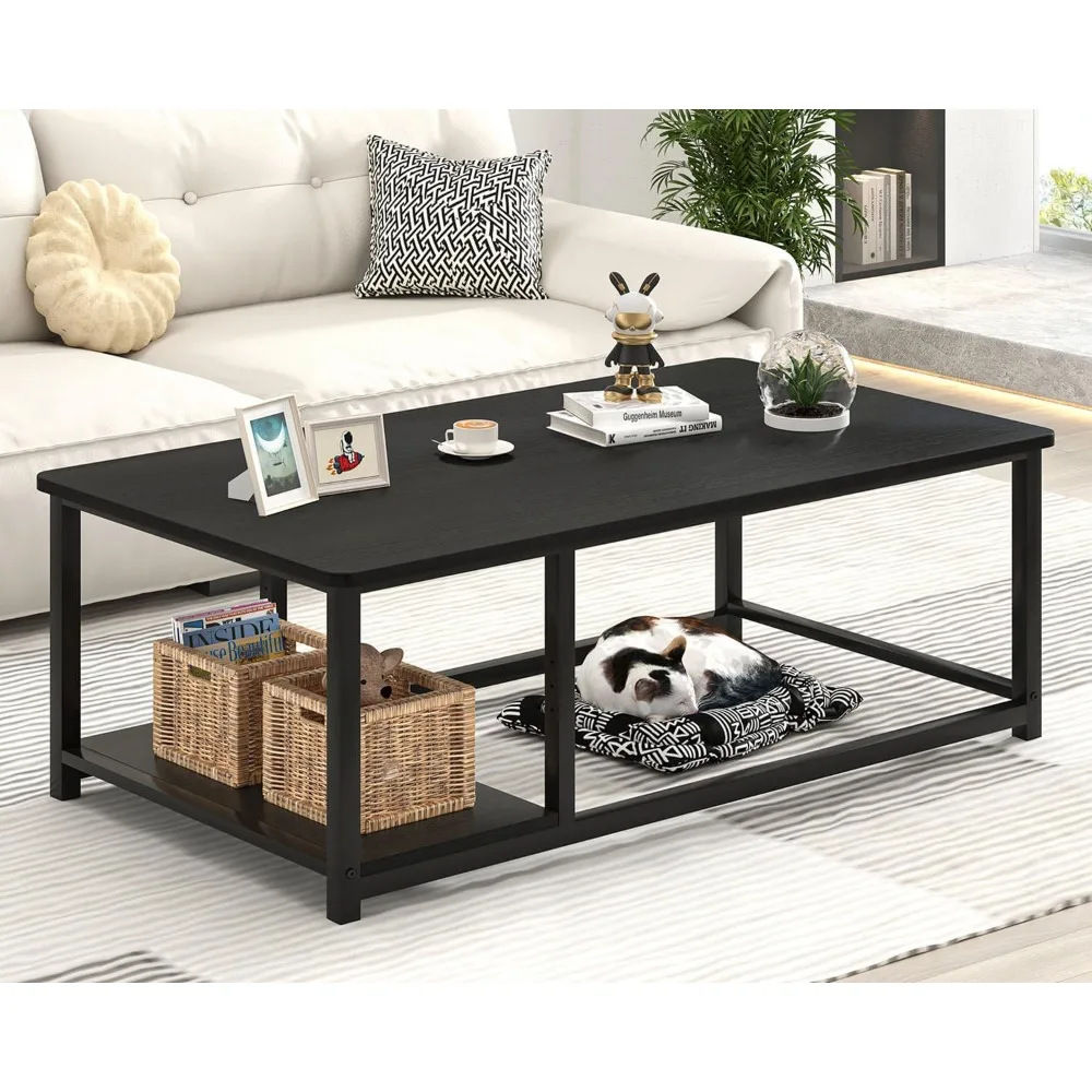 Rustic Modern Coffee Table with Storage Shelf, 47 Rectangular Living Room Furniture