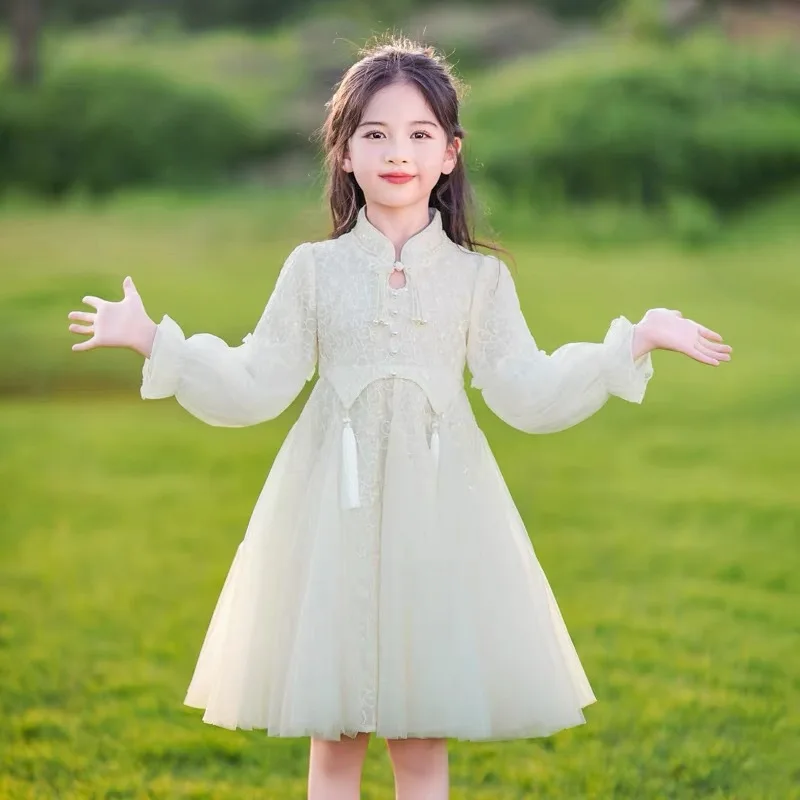 

Girls Autumn Dress2025New Chinese Style Girl Lace Casual Trendy Long Sleeve Solid Color Princess Dress