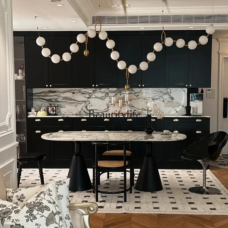 

1z.French Dining Table Marble Modern Simple and Light Luxury Stone Plate Oval Antique Dining Table
