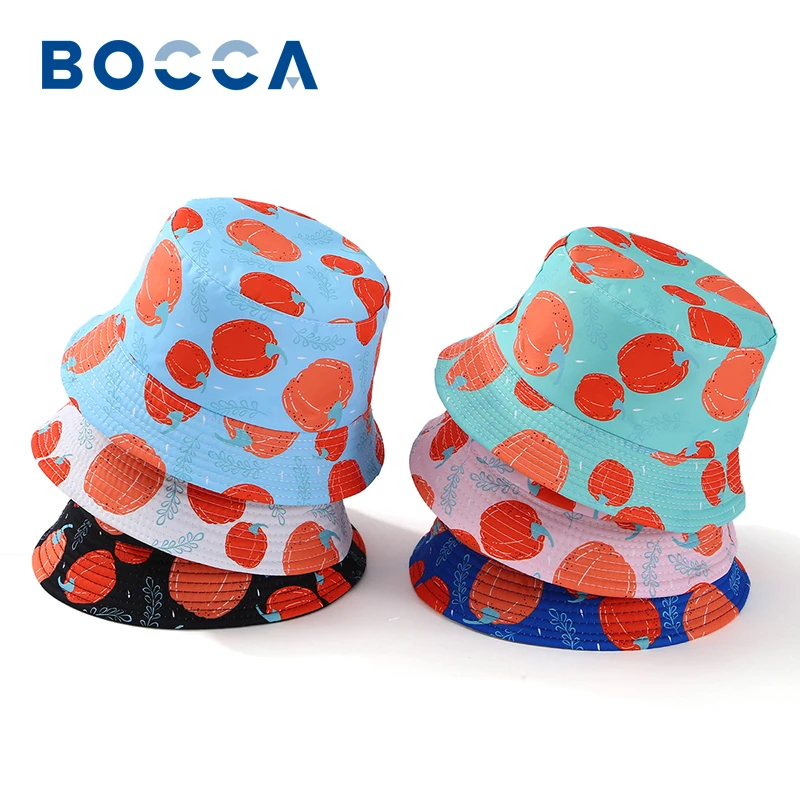 

Bocca Children Printing Bucket Hat Boys Girls Kids Fisherman Hats Cartoon Pumpkin Pattern Panama Cap Reversible Summer Sunscreen