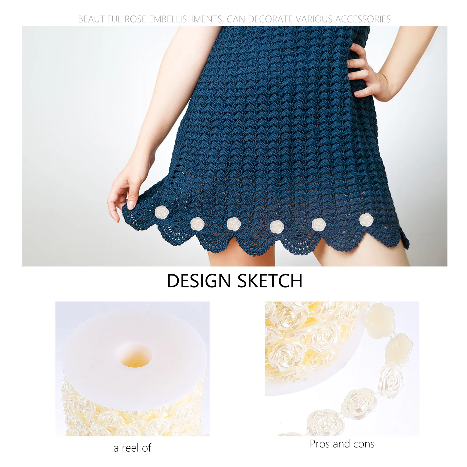 

1 Roll 10 Meters Plastic Rose Chain Trim Beaded Flower Sewing Craft For Wedding Hair Accessories Diy Dress Decor Beaded Applique