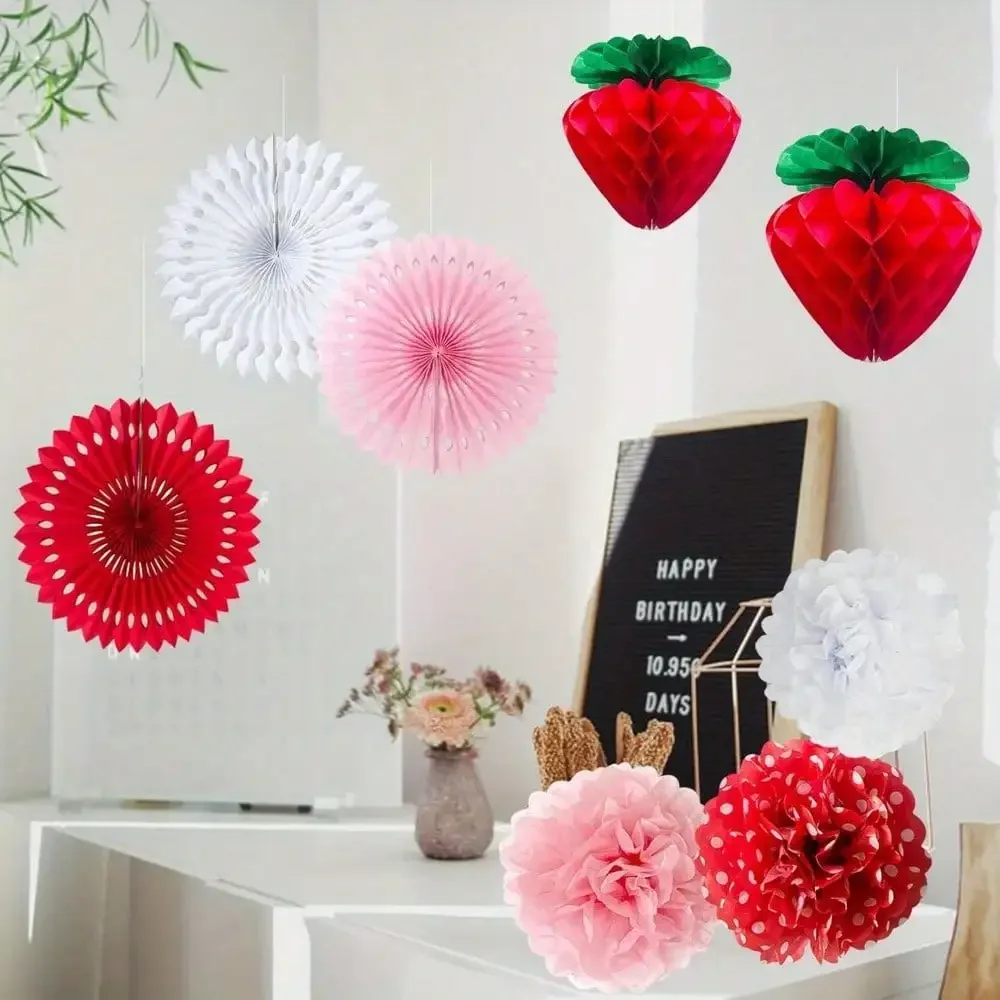 

22pcs Strawberry Tissue Pom Poms - Red, Pink, White Decorations Set with Green Leaves, Perfect for 1st Birthday Decorations