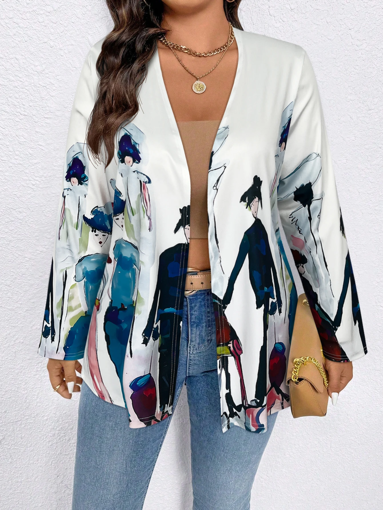 Ladies Plus Size V-Neck Printed Kimono Cardigan Long Sleeve Open Front Loose Outerwear Elegant Cover Up for Holiday Wear