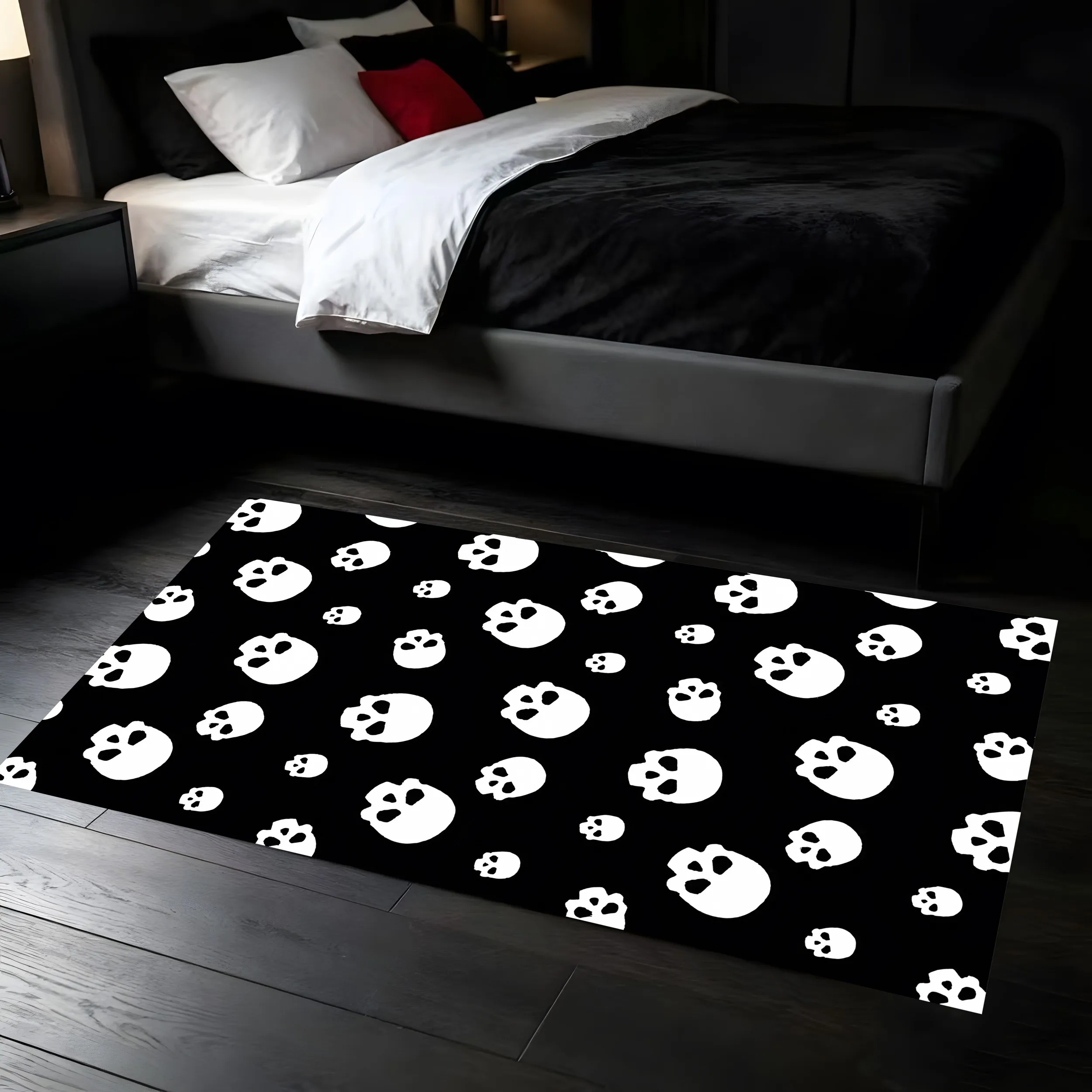 Velvet Black and White Skull 2D Carpet, Cool Dark Style, Perfect for Living Room, Bedroom, Game Room, Halloween Atmosphere, Autumn