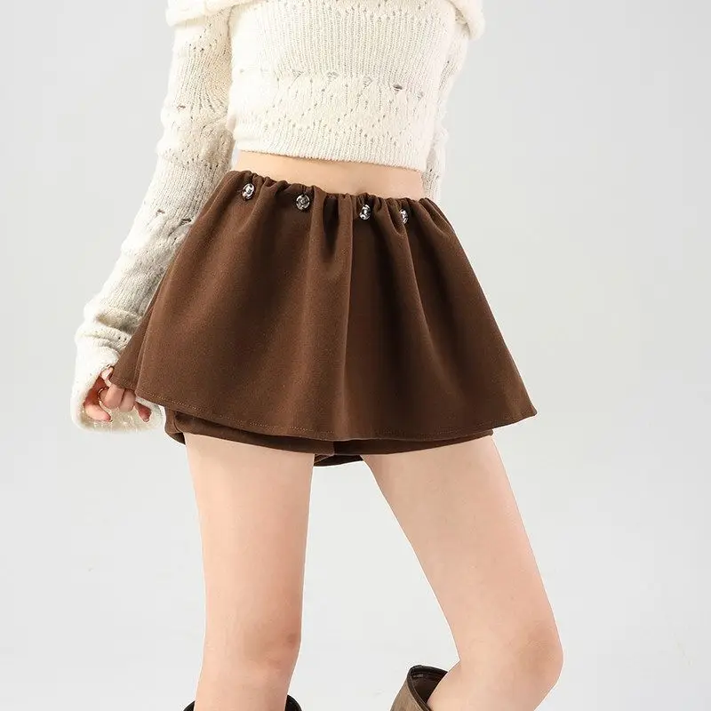 High Waist A-Line  Skirt Women's Winter Warm Woolen Short Fluffy Brown Color Korean Style Polyester Fabric Pure Color