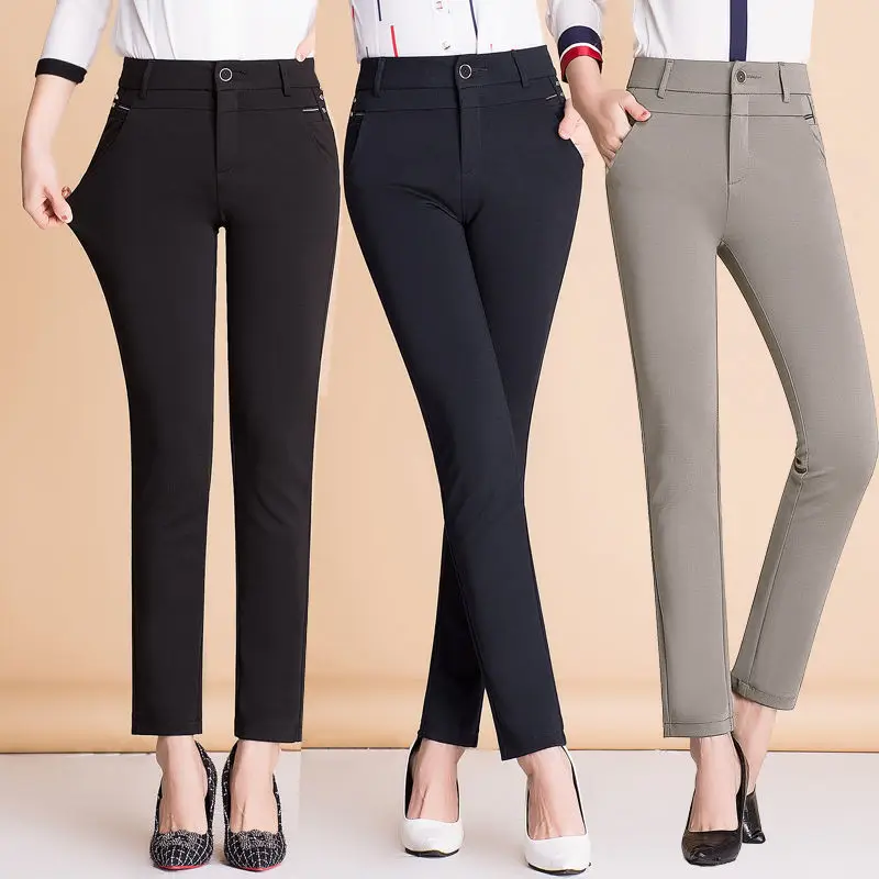 

Spring and Autumn Trousers Ankle-Length Fleece Lined High Waist Straight Pants Loose Middle-Aged Leisure Women's Pants