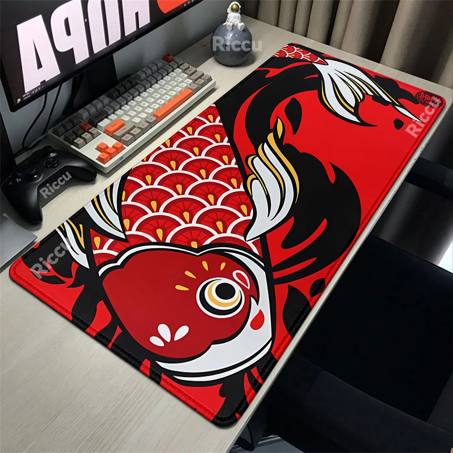 

Japanese Desk Mat Black & White Mouse Pad Koi Fish Japan Art Seal Yin-yang fish Large Gaming Deskmat Rubber Accessory Mousepad