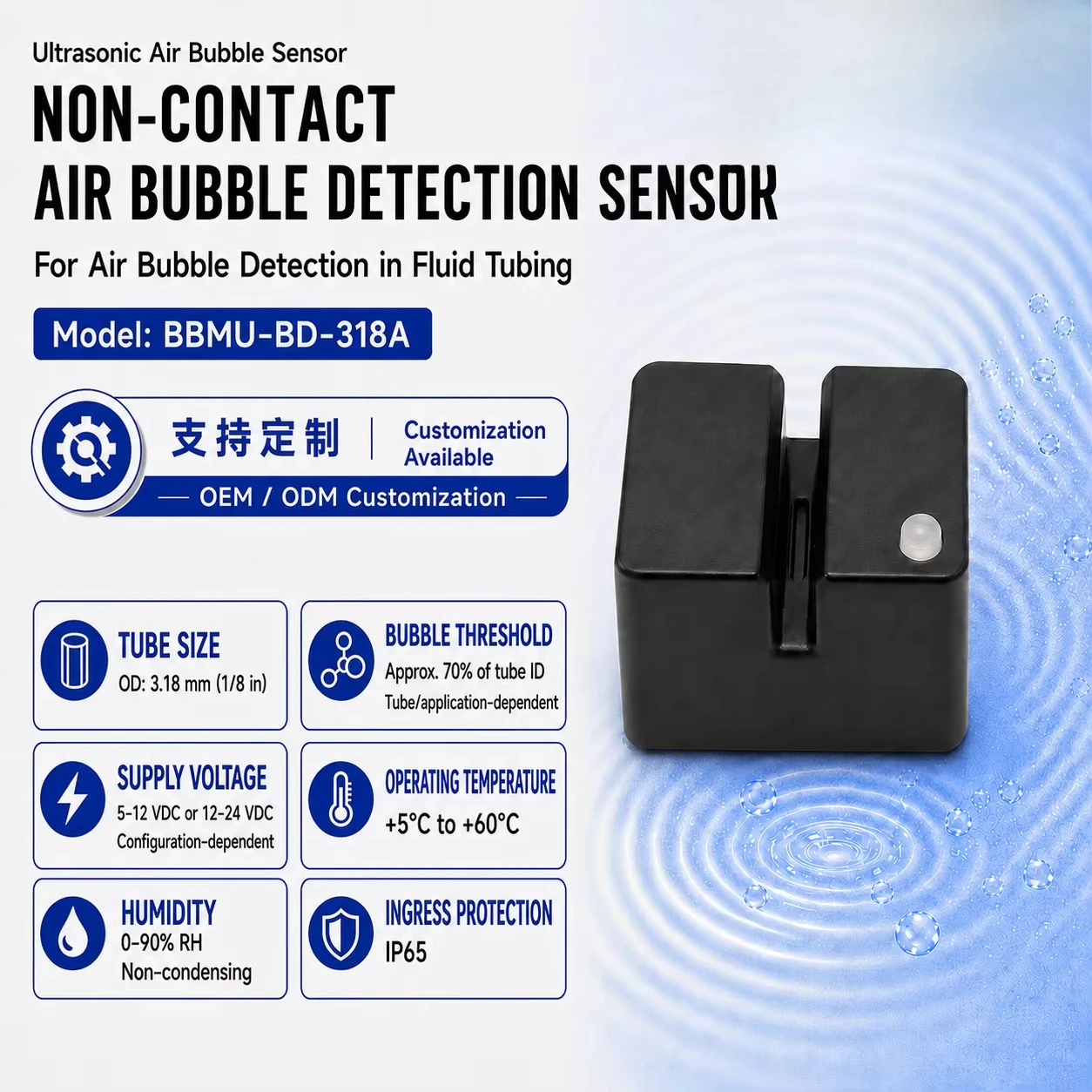 Ultrasonic bubble sensor IP65 protection grade, screw-fixed clamping installation, for liquid pipeline inspection, industrial
